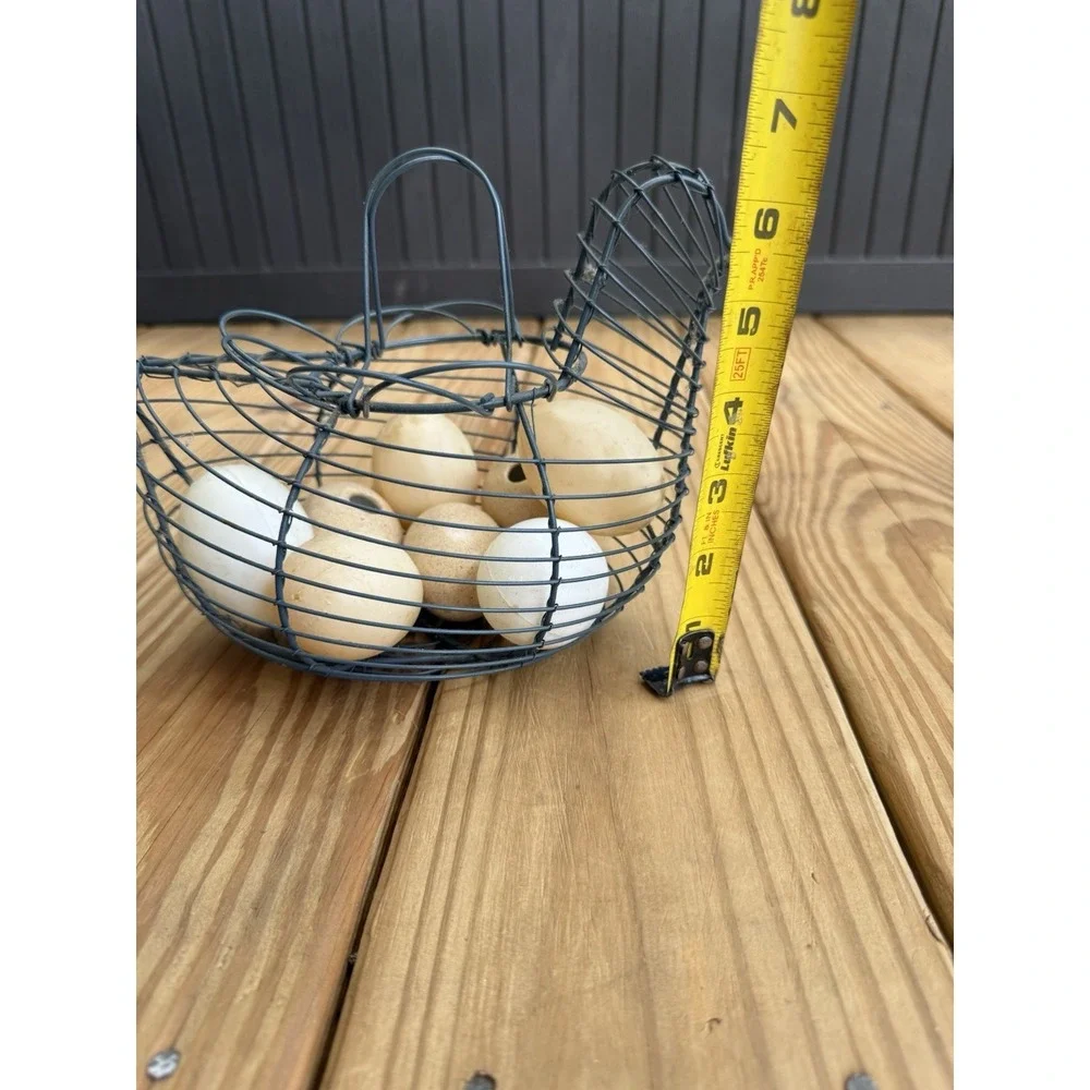 Vintage Wire Chicken Hen Egg Gathering Basket with Folding  Handles 8 Faux Eggs